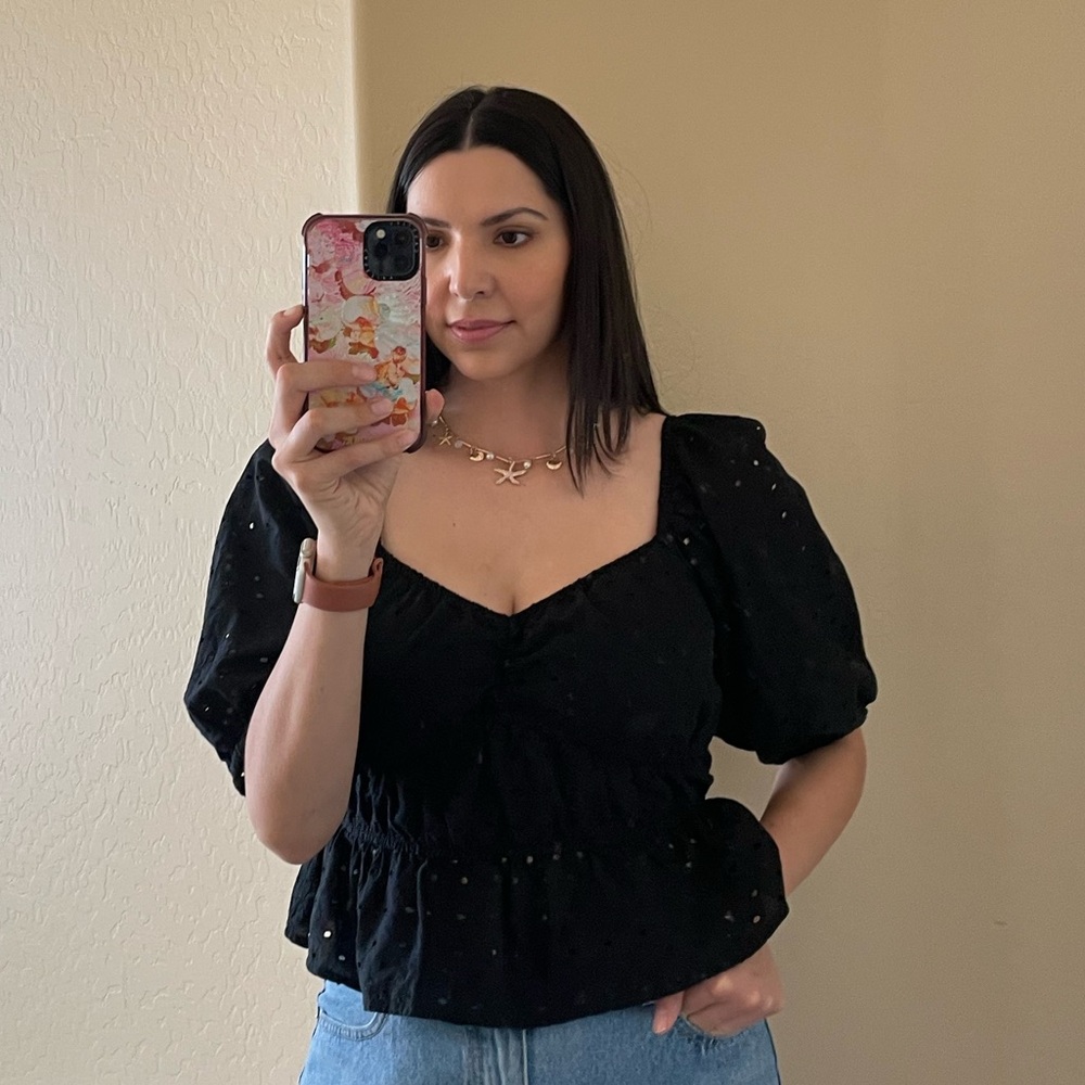 A New Day Black Puff Sleeve Eyelet Blouse - Picture 4 of 7